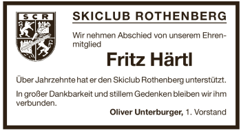 Traueranzeige von Fritz Haertl von Pegnitz-Zeitung